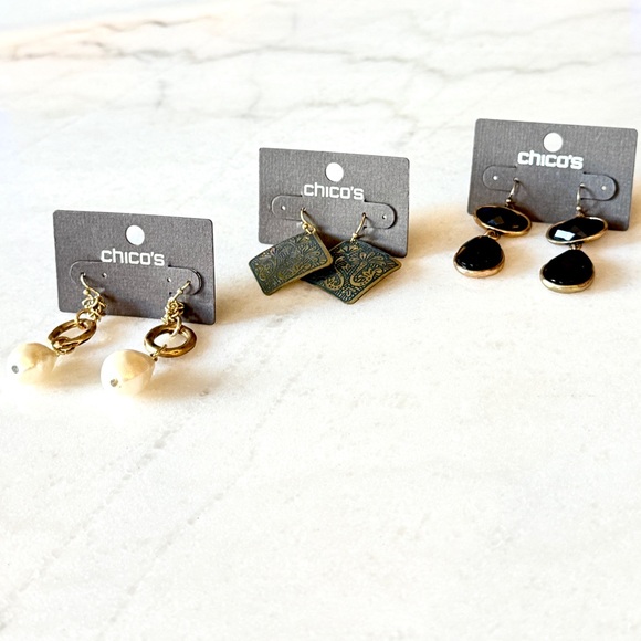 Chico's Gold Earrings Trio NWT Pearls Artisan Black Drops - Picture 2 of 8